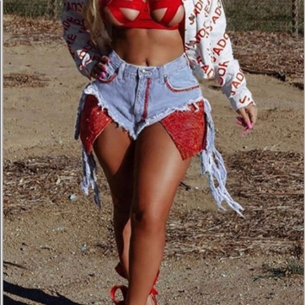 Denim Red Sequin Shorts